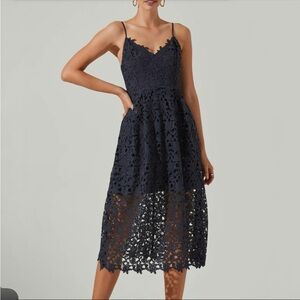Astr Navy Floral Lace Midi Dress with Spaghetti Straps